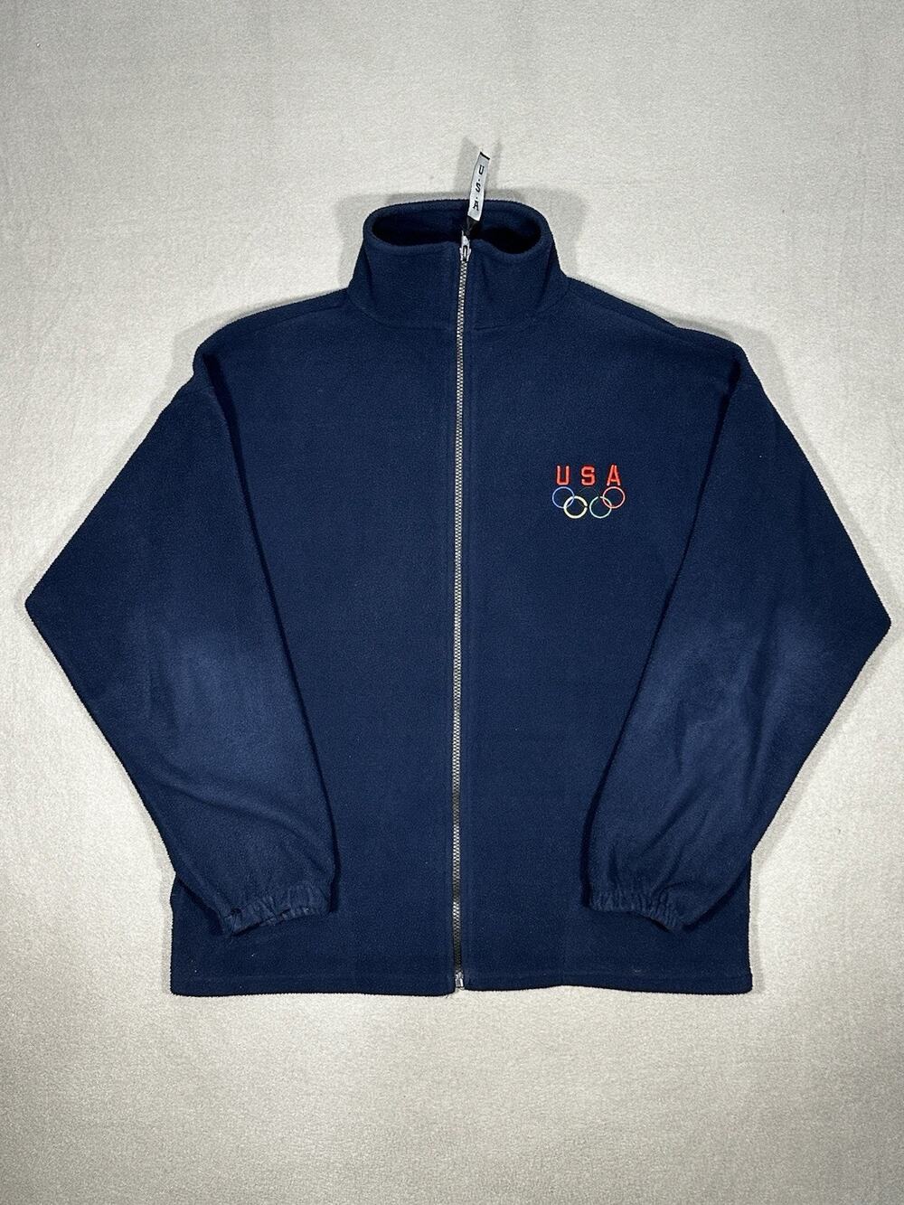 Vintage USA Olympic Rings Fleece Jacket Full Zip Made USA Adult Large Navy
